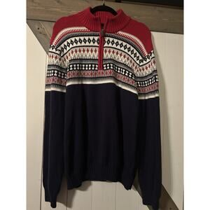 Izod Sweater Men's XXL 1/4 Zip Knit Pullover Fair Isle Nordic Print Red Navy Wht